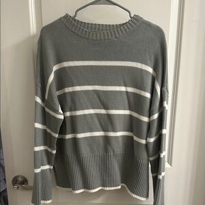 Green and White Crew Neck Striped Sweater